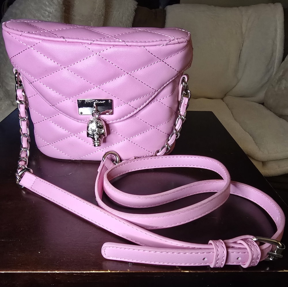 Betsy Johnson Quilted Pink Crossbody Bag with skull Silver Accent
